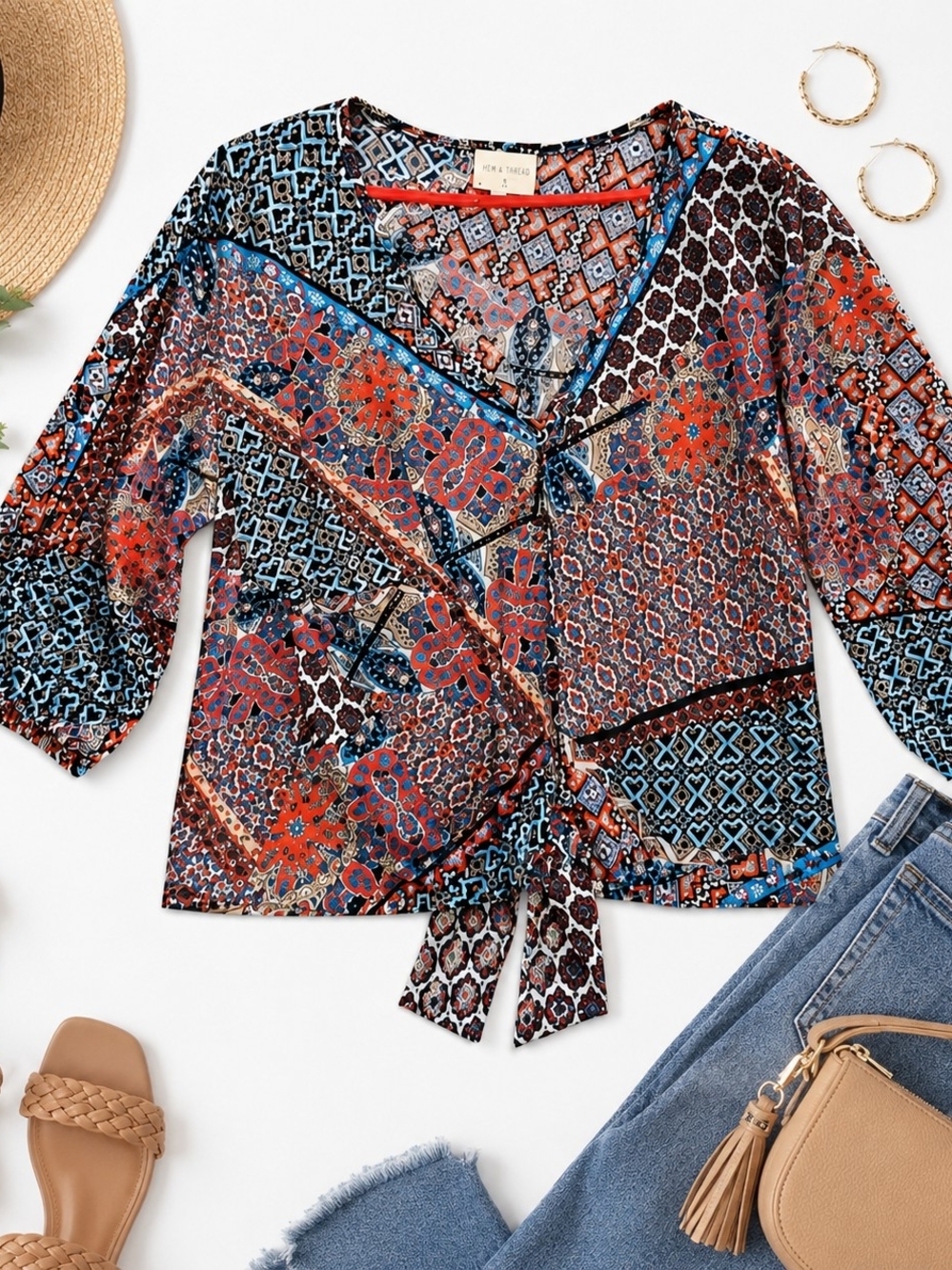 MELLODAY Multicolor Boho Patchwork Tie-Front Blouse